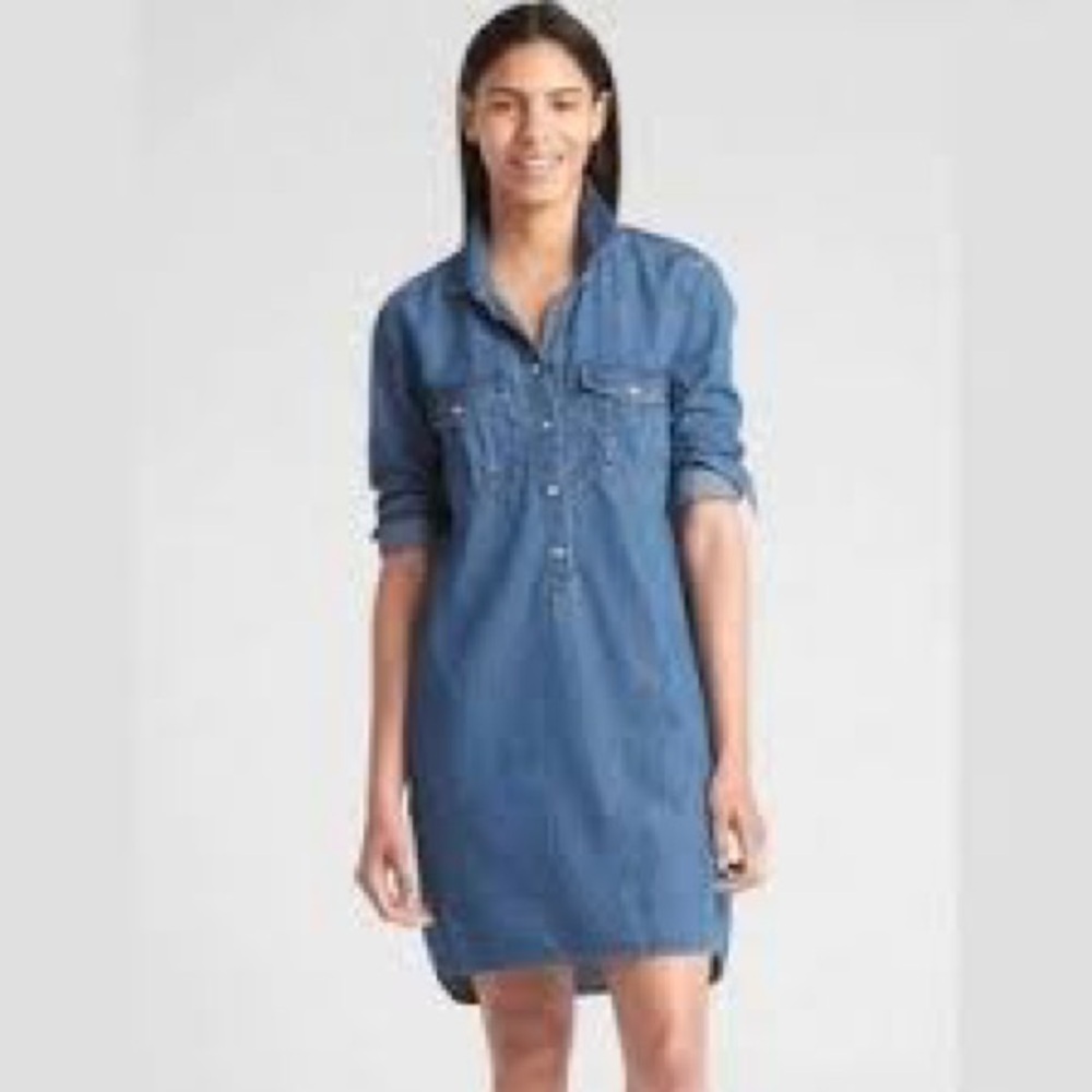 GAP Women's Blue Perfect Popover Denim Western Pearl Snap Long Sleeve Shirtdress